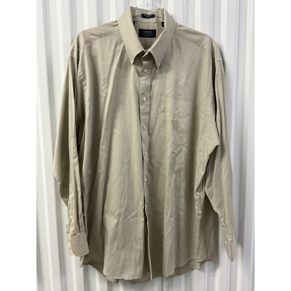 Chaps Ralph Lauren Dress Shirt Mens 17 34/35 Tan Excellent Cotton Button Down
